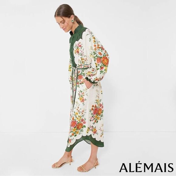 ALÉMAIS *NWT* Elisabetta Belted Forest Green/Cream Floral Linen Midi Shirt Dress - Picture 4 of 15